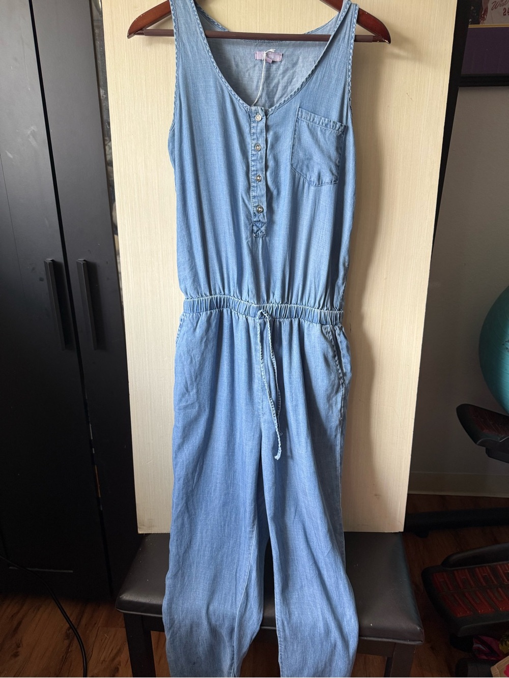 Light Blue Denim Jumpsuit - Sleeveless Drawstring Romper
